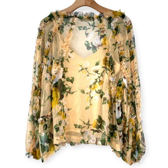 Butter Yellow L Top Floral Sheer Chiffon Blouse Ruffle Coquette Cottage Core - Picture 5 of 6